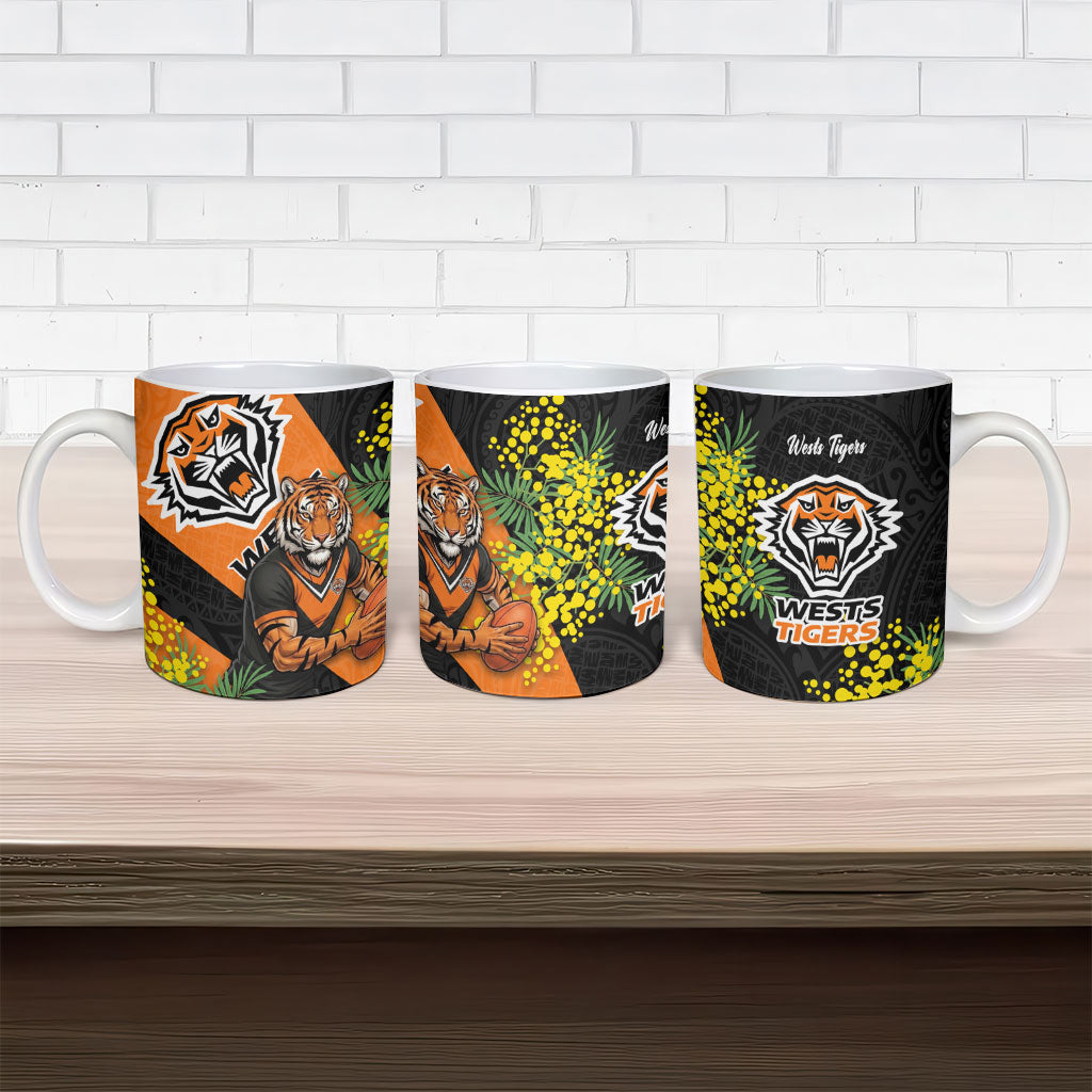 Wests Tigers Ceramic Mug Golden Wattle Floral Polynesian - Australian Flower - Rugby Mascot