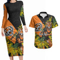 Wests Tigers Couples Matching Long Sleeve Bodycon Dress and Hawaiian Shirt Golden Wattle Floral Polynesian - Australian Flower - Rugby Mascot