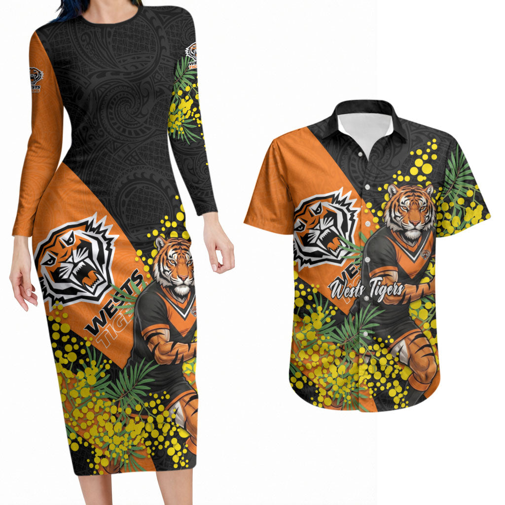 Wests Tigers Couples Matching Long Sleeve Bodycon Dress and Hawaiian Shirt Golden Wattle Floral Polynesian - Australian Flower - Rugby Mascot