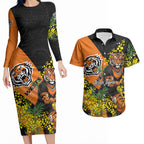 Wests Tigers Couples Matching Long Sleeve Bodycon Dress and Hawaiian Shirt Golden Wattle Floral Polynesian - Australian Flower - Rugby Mascot
