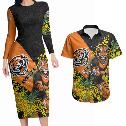 Wests Tigers Couples Matching Long Sleeve Bodycon Dress and Hawaiian Shirt Golden Wattle Floral Polynesian - Australian Flower - Rugby Mascot