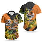 Wests Tigers Couples Matching Long Sleeve Bodycon Dress and Hawaiian Shirt Golden Wattle Floral Polynesian - Australian Flower - Rugby Mascot