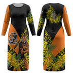 Wests Tigers Couples Matching Long Sleeve Bodycon Dress and Hawaiian Shirt Golden Wattle Floral Polynesian - Australian Flower - Rugby Mascot