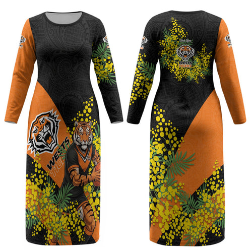 Wests Tigers Couples Matching Long Sleeve Bodycon Dress and Hawaiian Shirt Golden Wattle Floral Polynesian - Australian Flower - Rugby Mascot