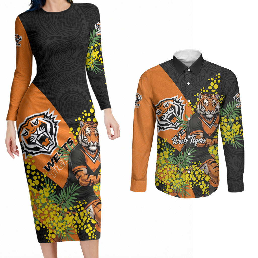 Wests Tigers Couples Matching Long Sleeve Bodycon Dress and Long Sleeve Button Shirt Golden Wattle Floral Polynesian - Australian Flower - Rugby Mascot