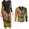 Wests Tigers Couples Matching Long Sleeve Bodycon Dress and Long Sleeve Button Shirt Golden Wattle Floral Polynesian - Australian Flower - Rugby Mascot