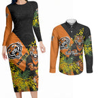 Wests Tigers Couples Matching Long Sleeve Bodycon Dress and Long Sleeve Button Shirt Golden Wattle Floral Polynesian - Australian Flower - Rugby Mascot