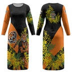 Wests Tigers Couples Matching Long Sleeve Bodycon Dress and Long Sleeve Button Shirt Golden Wattle Floral Polynesian - Australian Flower - Rugby Mascot
