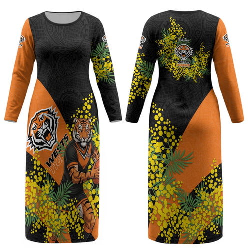 Wests Tigers Couples Matching Long Sleeve Bodycon Dress and Long Sleeve Button Shirt Golden Wattle Floral Polynesian - Australian Flower - Rugby Mascot