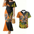 Wests Tigers Couples Matching Mermaid Dress and Hawaiian Shirt Golden Wattle Floral Polynesian - Australian Flower - Rugby Mascot