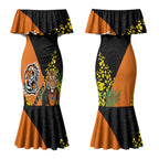 Wests Tigers Couples Matching Mermaid Dress and Hawaiian Shirt Golden Wattle Floral Polynesian - Australian Flower - Rugby Mascot