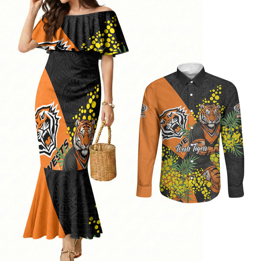 Wests Tigers Couples Matching Mermaid Dress and Long Sleeve Button Shirt Golden Wattle Floral Polynesian - Australian Flower - Rugby Mascot