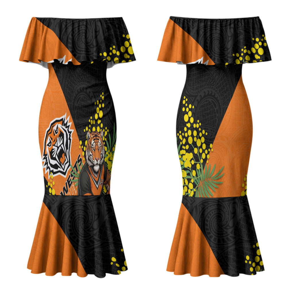 Wests Tigers Couples Matching Mermaid Dress and Long Sleeve Button Shirt Golden Wattle Floral Polynesian - Australian Flower - Rugby Mascot