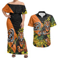 Wests Tigers Couples Matching Off Shoulder Maxi Dress and Hawaiian Shirt Golden Wattle Floral Polynesian - Australian Flower - Rugby Mascot