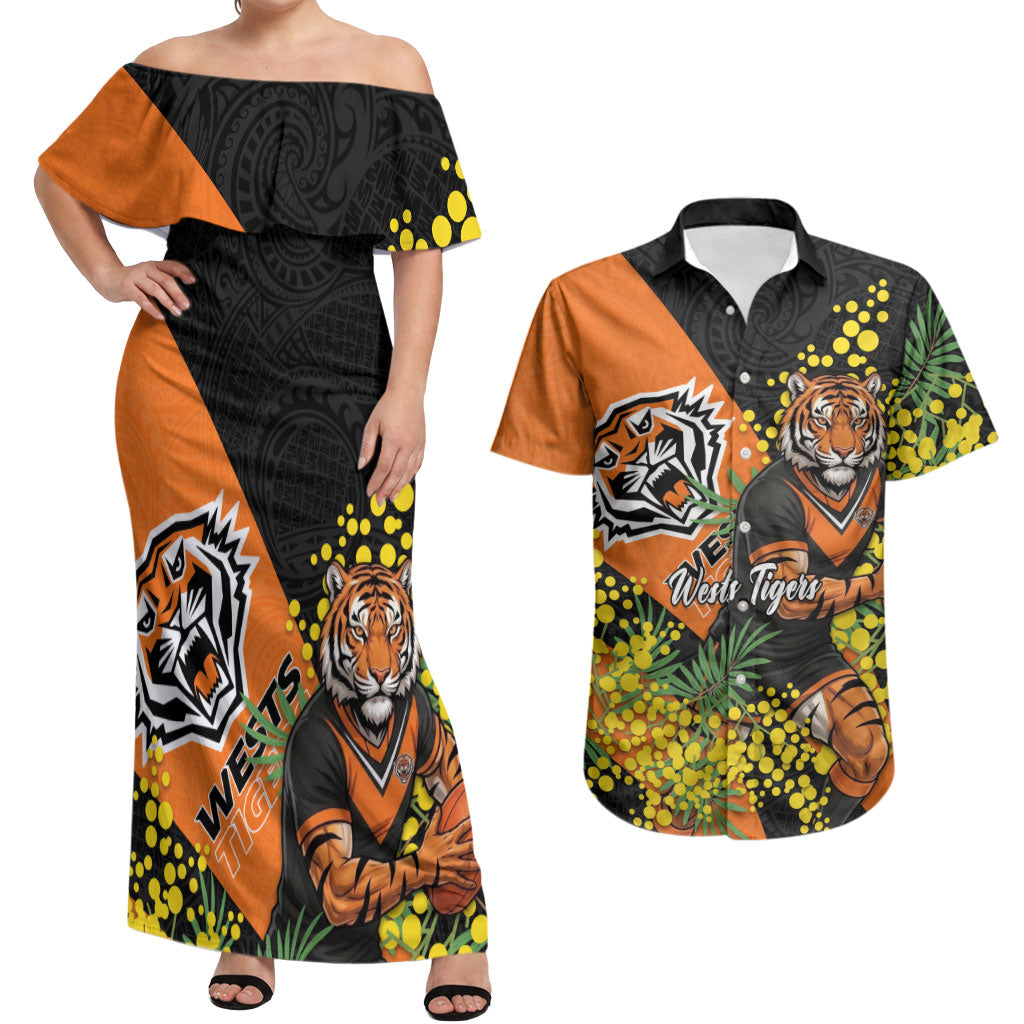 Wests Tigers Couples Matching Off Shoulder Maxi Dress and Hawaiian Shirt Golden Wattle Floral Polynesian - Australian Flower - Rugby Mascot