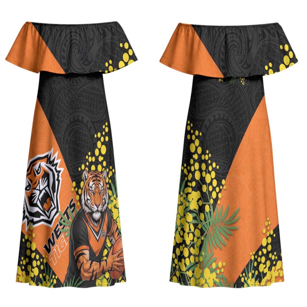 Wests Tigers Couples Matching Off Shoulder Maxi Dress and Hawaiian Shirt Golden Wattle Floral Polynesian - Australian Flower - Rugby Mascot