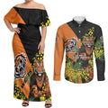 Wests Tigers Couples Matching Off Shoulder Maxi Dress and Long Sleeve Button Shirt Golden Wattle Floral Polynesian - Australian Flower - Rugby Mascot