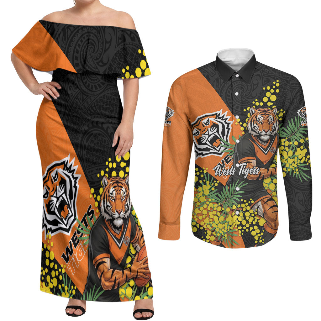 Wests Tigers Couples Matching Off Shoulder Maxi Dress and Long Sleeve Button Shirt Golden Wattle Floral Polynesian - Australian Flower - Rugby Mascot