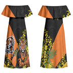 Wests Tigers Couples Matching Off Shoulder Maxi Dress and Long Sleeve Button Shirt Golden Wattle Floral Polynesian - Australian Flower - Rugby Mascot