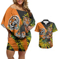 Wests Tigers Couples Matching Off Shoulder Short Dress and Hawaiian Shirt Golden Wattle Floral Polynesian - Australian Flower - Rugby Mascot