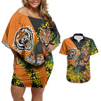 Wests Tigers Couples Matching Off Shoulder Short Dress and Hawaiian Shirt Golden Wattle Floral Polynesian - Australian Flower - Rugby Mascot