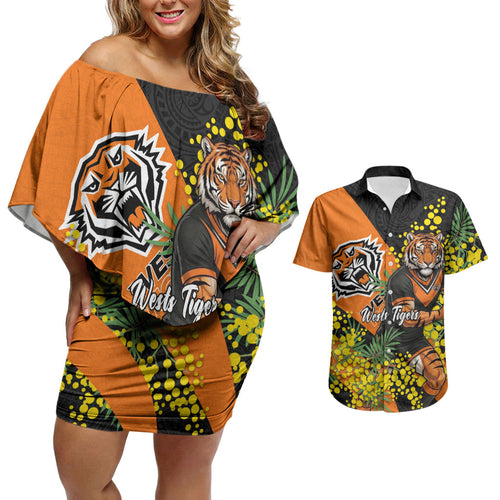 Wests Tigers Couples Matching Off Shoulder Short Dress and Hawaiian Shirt Golden Wattle Floral Polynesian - Australian Flower - Rugby Mascot