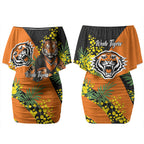 Wests Tigers Couples Matching Off Shoulder Short Dress and Hawaiian Shirt Golden Wattle Floral Polynesian - Australian Flower - Rugby Mascot