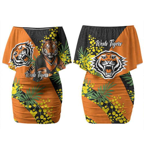Wests Tigers Couples Matching Off Shoulder Short Dress and Hawaiian Shirt Golden Wattle Floral Polynesian - Australian Flower - Rugby Mascot