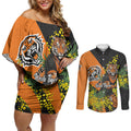 Wests Tigers Couples Matching Off Shoulder Short Dress and Long Sleeve Button Shirt Golden Wattle Floral Polynesian - Australian Flower - Rugby Mascot