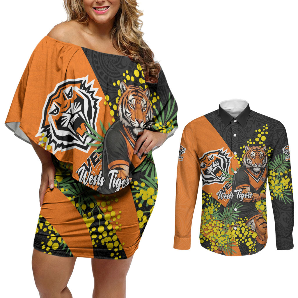 Wests Tigers Couples Matching Off Shoulder Short Dress and Long Sleeve Button Shirt Golden Wattle Floral Polynesian - Australian Flower - Rugby Mascot