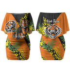 Wests Tigers Couples Matching Off Shoulder Short Dress and Long Sleeve Button Shirt Golden Wattle Floral Polynesian - Australian Flower - Rugby Mascot