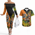 Wests Tigers Couples Matching Off The Shoulder Long Sleeve Dress and Hawaiian Shirt Golden Wattle Floral Polynesian - Australian Flower - Rugby Mascot