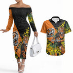 Wests Tigers Couples Matching Off The Shoulder Long Sleeve Dress and Hawaiian Shirt Golden Wattle Floral Polynesian - Australian Flower - Rugby Mascot
