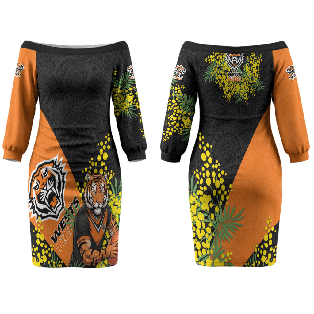 Wests Tigers Couples Matching Off The Shoulder Long Sleeve Dress and Hawaiian Shirt Golden Wattle Floral Polynesian - Australian Flower - Rugby Mascot