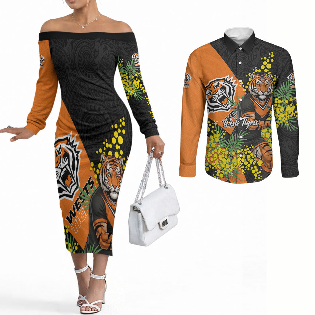 Wests Tigers Couples Matching Off The Shoulder Long Sleeve Dress and Long Sleeve Button Shirt Golden Wattle Floral Polynesian - Australian Flower - Rugby Mascot