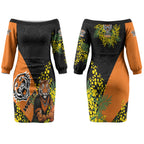 Wests Tigers Couples Matching Off The Shoulder Long Sleeve Dress and Long Sleeve Button Shirt Golden Wattle Floral Polynesian - Australian Flower - Rugby Mascot