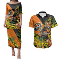 Wests Tigers Couples Matching Puletasi and Hawaiian Shirt Golden Wattle Floral Polynesian - Australian Flower - Rugby Mascot