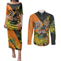 Wests Tigers Couples Matching Puletasi and Long Sleeve Button Shirt Golden Wattle Floral Polynesian - Australian Flower - Rugby Mascot