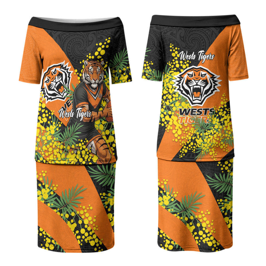 Wests Tigers Couples Matching Puletasi and Long Sleeve Button Shirt Golden Wattle Floral Polynesian - Australian Flower - Rugby Mascot