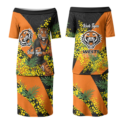 Wests Tigers Couples Matching Puletasi and Long Sleeve Button Shirt Golden Wattle Floral Polynesian - Australian Flower - Rugby Mascot