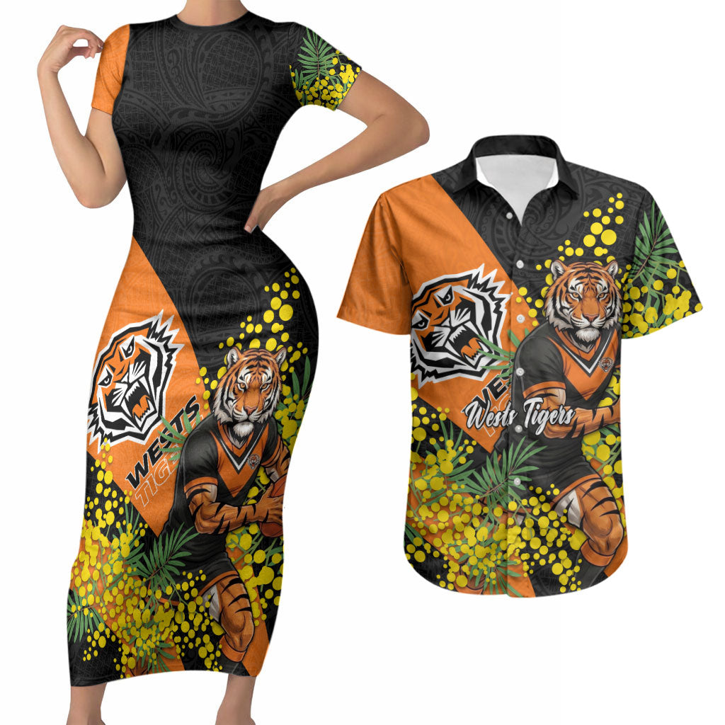 Wests Tigers Couples Matching Short Sleeve Bodycon Dress and Hawaiian Shirt Golden Wattle Floral Polynesian - Australian Flower - Rugby Mascot