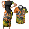 Wests Tigers Couples Matching Short Sleeve Bodycon Dress and Hawaiian Shirt Golden Wattle Floral Polynesian - Australian Flower - Rugby Mascot