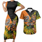 Wests Tigers Couples Matching Short Sleeve Bodycon Dress and Hawaiian Shirt Golden Wattle Floral Polynesian - Australian Flower - Rugby Mascot
