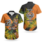 Wests Tigers Couples Matching Short Sleeve Bodycon Dress and Hawaiian Shirt Golden Wattle Floral Polynesian - Australian Flower - Rugby Mascot
