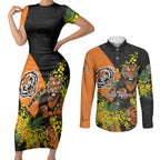 Wests Tigers Couples Matching Short Sleeve Bodycon Dress and Long Sleeve Button Shirt Golden Wattle Floral Polynesian - Australian Flower - Rugby Mascot