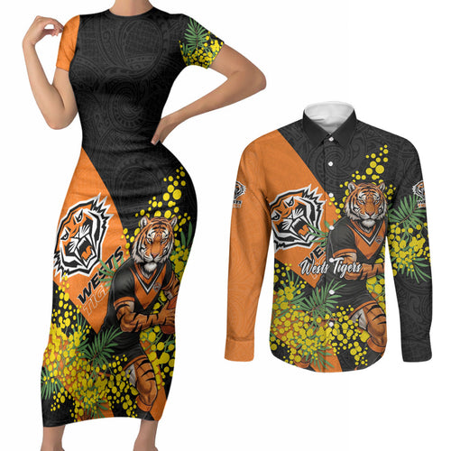 Wests Tigers Couples Matching Short Sleeve Bodycon Dress and Long Sleeve Button Shirt Golden Wattle Floral Polynesian - Australian Flower - Rugby Mascot