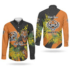 Wests Tigers Couples Matching Short Sleeve Bodycon Dress and Long Sleeve Button Shirt Golden Wattle Floral Polynesian - Australian Flower - Rugby Mascot