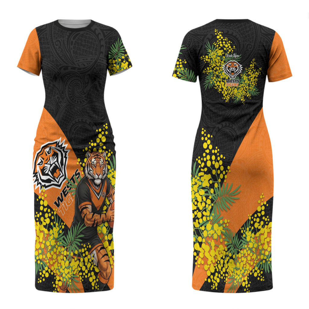 Wests Tigers Couples Matching Short Sleeve Bodycon Dress and Long Sleeve Button Shirt Golden Wattle Floral Polynesian - Australian Flower - Rugby Mascot