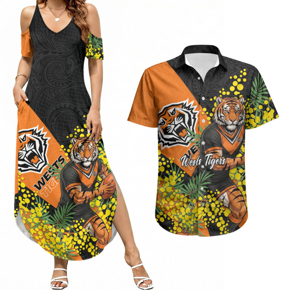 Wests Tigers Couples Matching Summer Maxi Dress and Hawaiian Shirt Golden Wattle Floral Polynesian - Australian Flower - Rugby Mascot