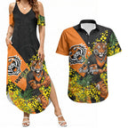 Wests Tigers Couples Matching Summer Maxi Dress and Hawaiian Shirt Golden Wattle Floral Polynesian - Australian Flower - Rugby Mascot